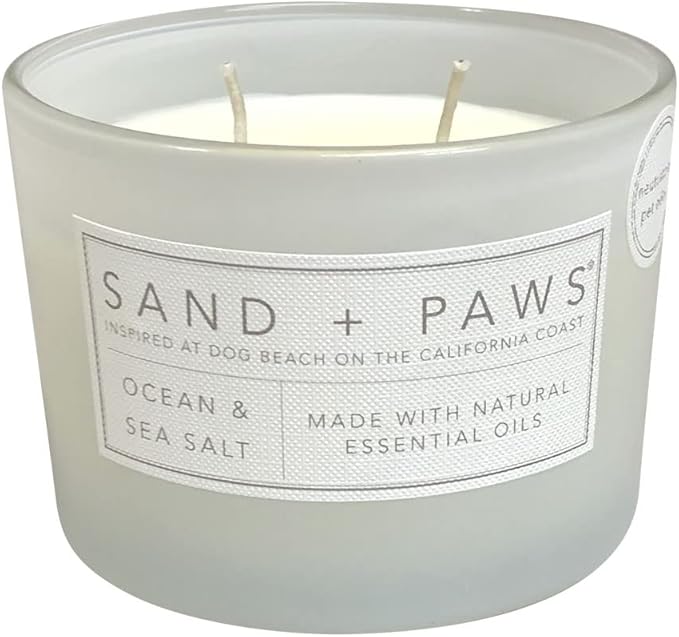 Sand + Paws Scented Candle - Ocean & Sea Salt - Additional Scents and Sizes –Luxurious Air Freshening Jar Candles Neutralize pet Odors and Enhance Home décor – 100% Cotton Lead-Free Wicks - 12 oz