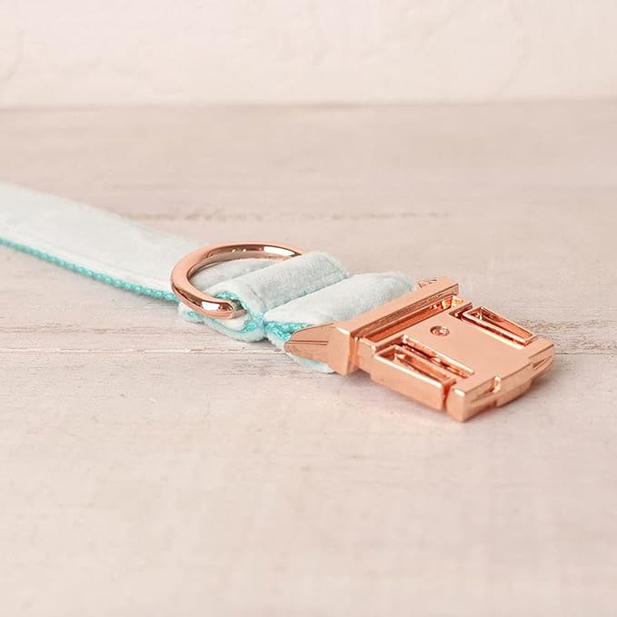 PETDURO Custom Dog Collar Personalized with Name Engraved Quick Release Rose Gold Metal Buckle for Large Medium Small Girl Dogs - Dog Leash and Bow Tie Available - Soft Comfy Velvet (Mint Blue, M)