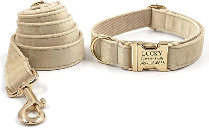 PETDURO Custom Dog Collar Personalized with Name Engraved Quick Release Rose Gold Metal Buckle for Large Medium Small Girl Dogs - Dog Leash and Bow Tie Available - Soft Comfy Velvet (Pale Brown, L)