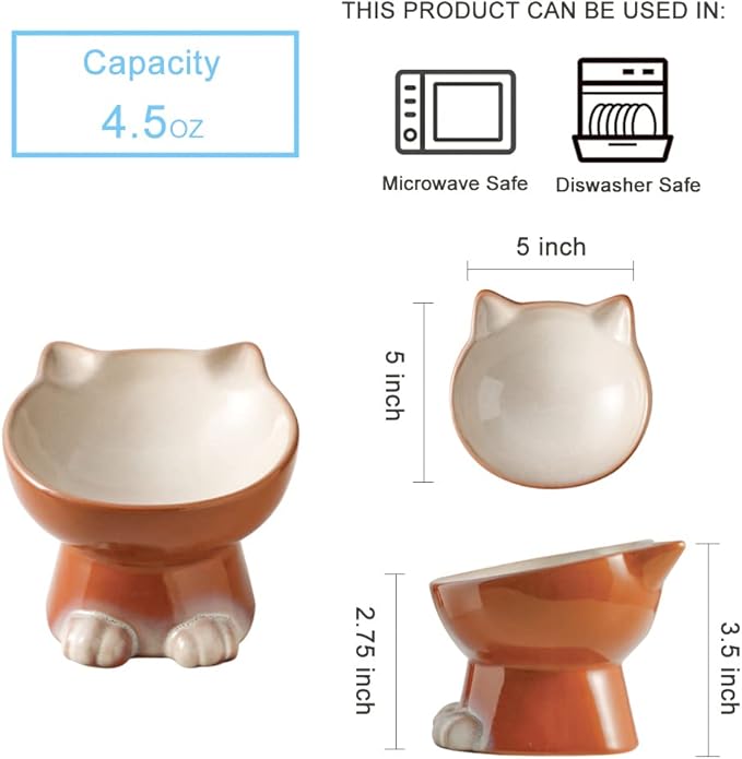Nihow Elevated Cat/Dog Bowls: 5 Inch Ceramic Raised Cat Food & Water Bowl Set for Protecting Pet's Spine - Feeding & Watering Supplies for Pets - Elegant Brown (4.5 OZ /1 PC)