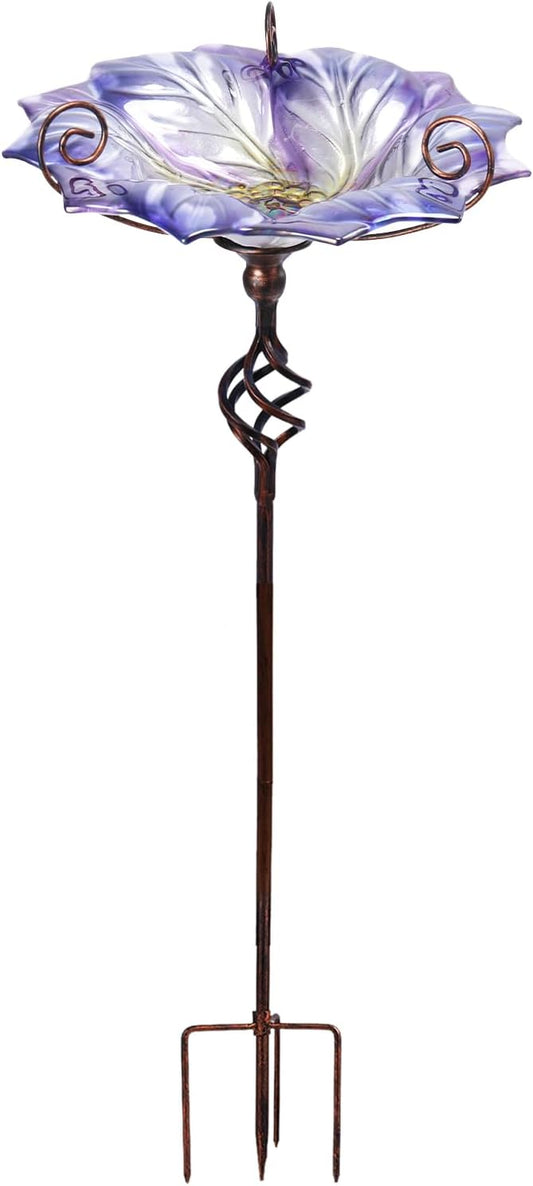 VCUTEKA Glass Bird Bath Outdoor BirdBath Bird Feeder with Metal Stake Garden Decor, Purple