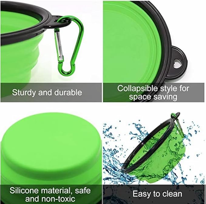 Collapsible Pet Bowl Set, Portable Silicone Travel Food Water Bowls with Carabiner Clip, Multi-Color, Space-Saving Design for Dogs Cats (Blue & Green)