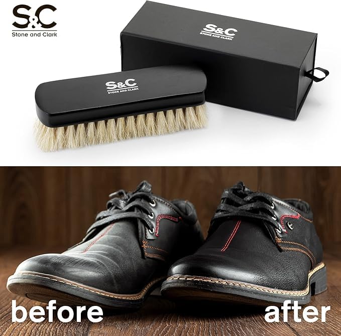 Premium Horsehair Shoe Polish Brush – Handcrafted Beechwood Shoe Brush for Shine and Buffing – Luxurious Shoe Shine Brush with Soft Horsehair Bristles (Black/White)