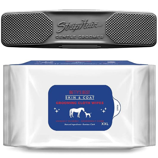 StripHair Horse Dog Grooming Set 2pc - Gentle Groomer 6-in-1 Shedding Massage Brush (original black) and Bamboo Coat Care Wipes (12x12in)