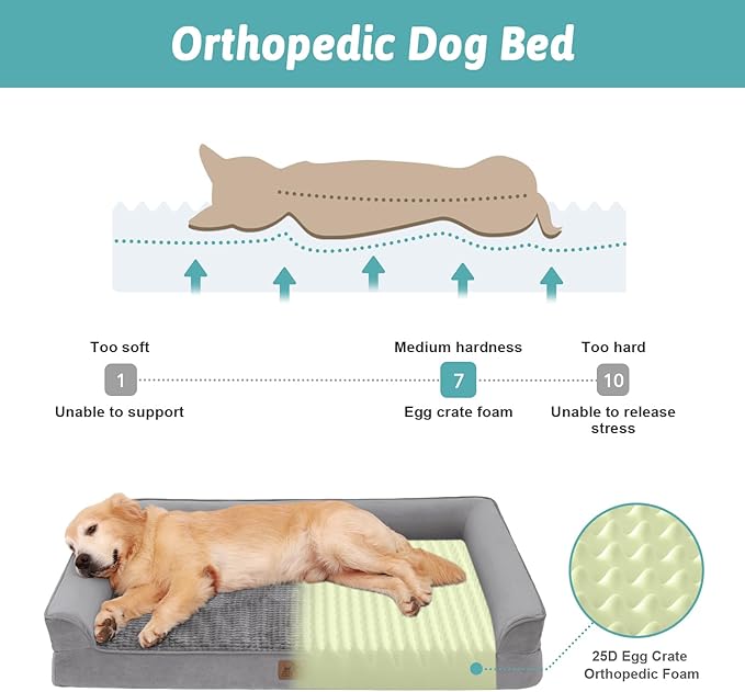 Orthopedic Dog Beds for Large Sized Dog, XL Bolster Pet Couch with Waterproof Lining, Egg Crate Foam Sofa for Pets Up to 100 lbs, U-Shaped, 44x32x7 inch, Grey