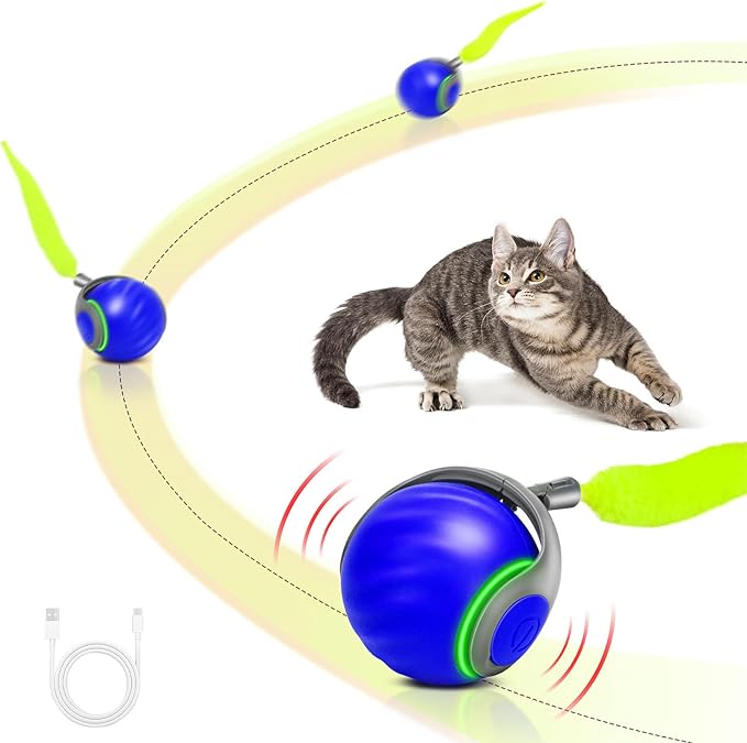 Interactive Cat Toy Ball-Motion-Activated Rolling Toy with 2 Feather Tails, 2 Speeds, USB Rechargeable, Smart Indoor Cat Toys to Keep Cats Active, Happy and Entertained (Blue)
