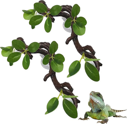 PINVNBY 2 PCS Reptile Corner Branch Terrarium Plant Decoration Branches for Reptiles with Suction Cup for Amphibian Lizard Snake Climbing Ornament