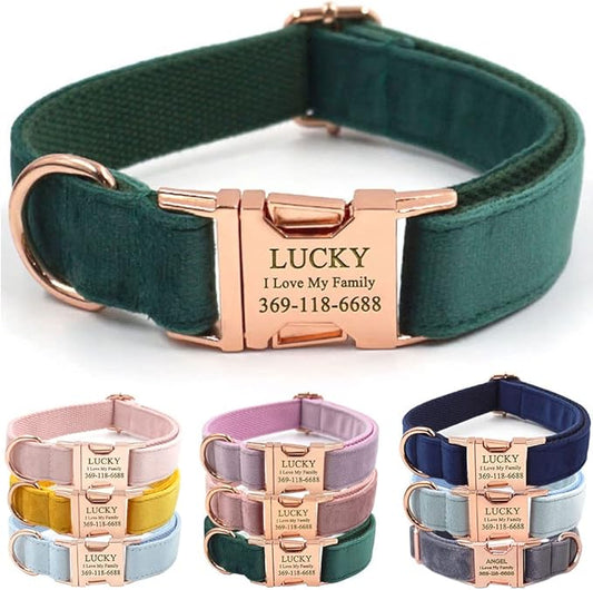 PETDURO Custom Dog Collar Personalized with Name Engraved Rose Gold Metal Buckle for Large Medium Small Dogs - Soft Cute Velvet Dog Leash and Bow Tie Available (Christmas Green RG, XL)