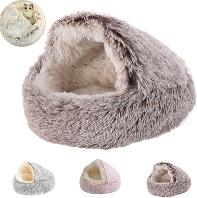 Plush Fluffy Dog and Cats Round Bed, Ultra-Soft Plush with Raised Rim, Non-Slip Bottom, Plush Cat Bed with A Cover, for Small Dogs and Cats (Brown, Medium)