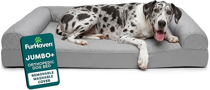 Furhaven Orthopedic Dog Bed for Large Dogs w/ Removable Bolsters & Washable Cover, For Dogs Up to 125 lbs - Quilted Sofa - Silver Gray, Jumbo Plus/XXL