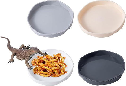 COMSUN 4 Pack Small Reptile Food Dish Bowl, Plastic Worm Water Dish Plate for Lizard Gecko Bearded Dragon Chameleon 4" W x 4" D x 0.5" H, White and Grey