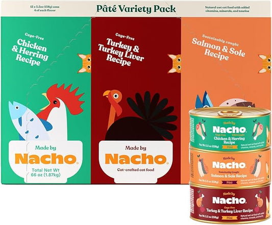 Made by Nacho Pate Wet Cat Food Variety Pack, Chicken, Salmon, and Turkey, 5.5 Ounce Cans, Grain-Free Canned Pet Food, Bone Broth Infused for Hydration, Limited Ingredients, 12 Pack