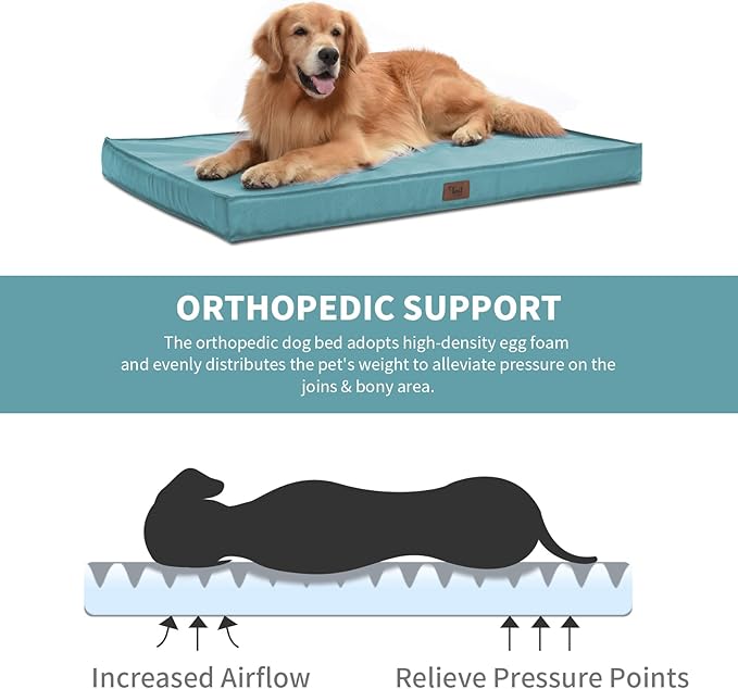 Outdoor Dog Bed for Small Dogs & Cats, Waterproof Dog Crate Mat Orthopedic Egg Crate Foam with Washable Removable Oxford Cover, Light Blue