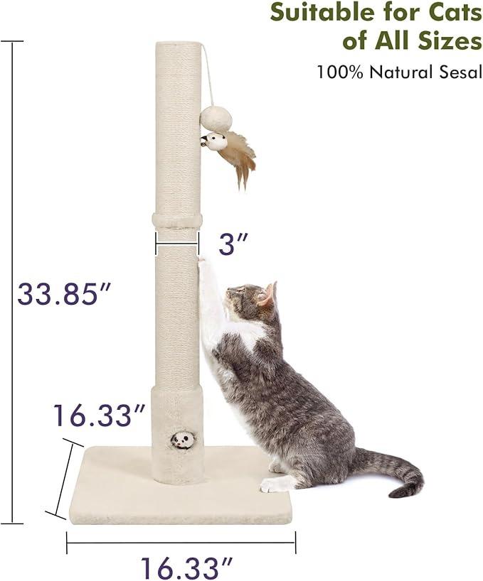 34‘’ Tall Cat Scratching Post with Premium Sisal Rope for Indoor Scratcher Post Tree for Indoor Cat Toy with Mouse Hole, Hanging Ball for Adult Cats and Kittens(Beige)