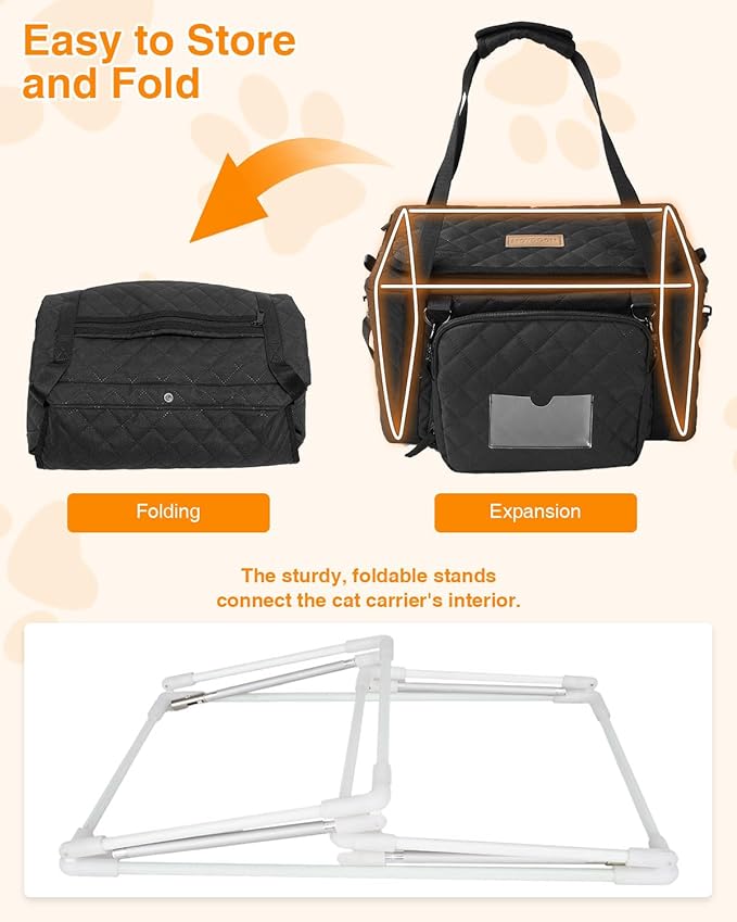 PETUX Collapsible Airline Approved Cat Carrier - 16" x 10" x 9.5", Double Anti-Escape, Small Pet Travel Bag for Small Cats Under 10 lb with Removable Snack Bag, Safety Buckle ＆ Leash - Black