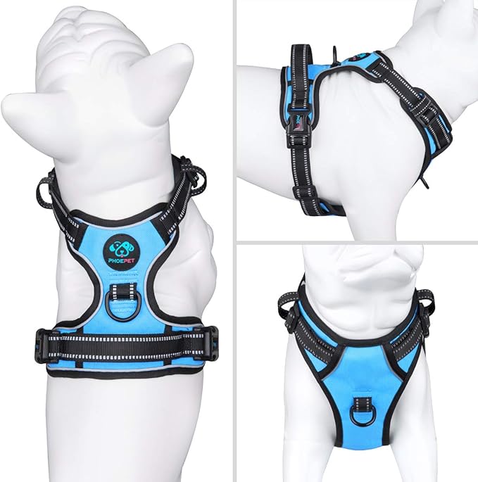 PHOEPET No Pull Dog Harnesses for Small Puppies Reflective Adjustable Front Clip Vest with 2 Metal Leash Attachment Hooks Soft Handle(S, Blue)