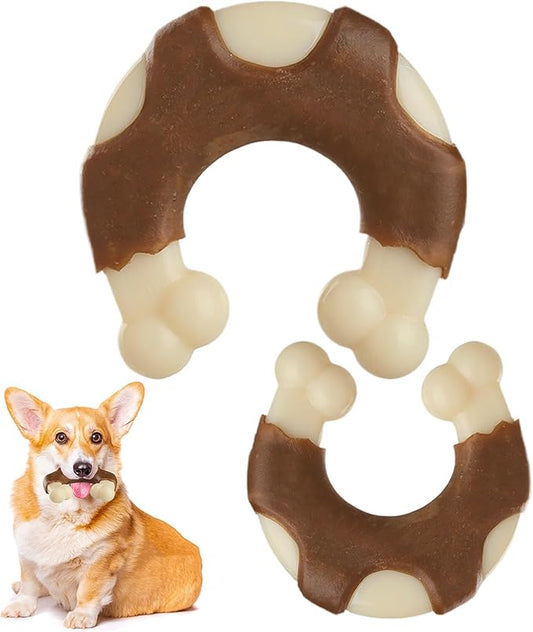Durable Nylon Dog Bones, 2 Pack Dog Toys for Aggressive Chewers, Real Beef-Flavored U-Shaped Bones Chew Toys for Small/Medium/Large Dogs, Teething and Boredom Relief