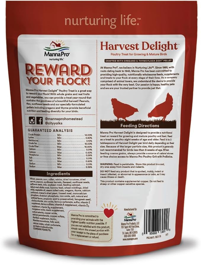 Manna Pro Harvest Delight - Whole Ingredient Chicken Treat - Harvest Mix of Grains, Raisins, Tomatoes, Carrots, Sunflower Seeds - Mixed Flock Poultry Treat - 2.5 lbs