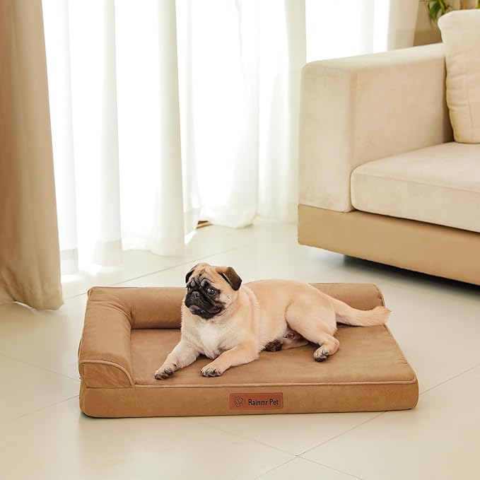 Orthopedic Dog Bed Medium Size Dog, Memory Foam Pet Bed for Medium Dogs, Removable and Washable Microsuede Cover, TPU Waterproof Liner, Nonskid Bottom, 35x23x6 Inches, Khaki