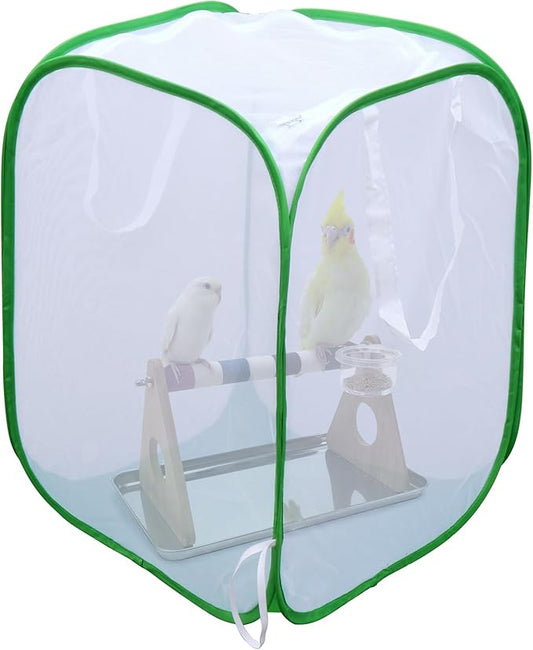 Collapsible Mesh Bird Cage for Song Bird, Bird Cage Seed Catcher White, Large Parakeet Cages, Pop-Up Design, 18 x 18 x 46 Inches
