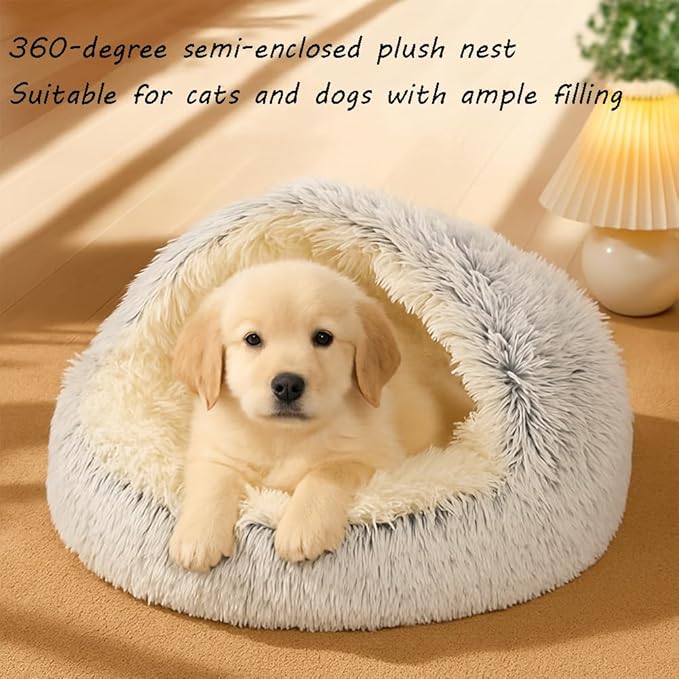 Plush Fluffy Dog and Cats Round Bed, Ultra-Soft Plush with Raised Rim, Non-Slip Bottom, Plush Cat Bed with A Cover, for Small Dogs and Cats (Pink, Large)