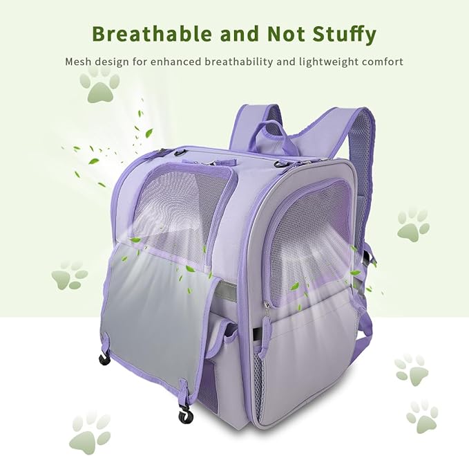 Cat Backpack Carrier, Pet Backpack for Small Dogs, Medium Cats, UP to 16 lbs, Ergonomic 3D Design, Strap Hidden Storage Compartment Dog Backpack Carrier for Hiking, Camping and Vet Visits (Purple)