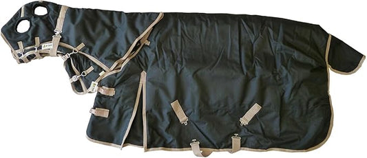 AJ Tack 1200D Waterproof Winter Horse Blanket with Hood - 400g Heavyweight Turnout with Fleece Collar, Shoulder Gussets & Tail Flap - Black 70"