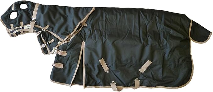 AJ Tack 1200D Waterproof Winter Horse Blanket with Hood - 400g Heavyweight Turnout with Fleece Collar, Shoulder Gussets & Tail Flap - Black 68"