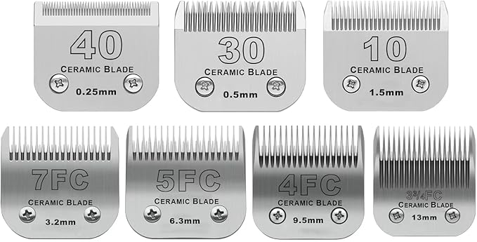 Size 40/30/10/7FC/5FC/4FC/3FC Detachable Pet Dog Grooming Clipper Ceramic Blades Set,Compatible with Andis,Oster A5,Wahl KM10 Series Clippers,Cut Length 1/100"(0.25mm) to 1/2"(13mm),7 Pack
