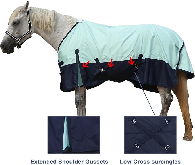 600 Denier Rip-Stop Horse Rain Sheet Lightweight Waterproof and Breathable Turnout Horse Blanket (No Fill) Turquoise/Navy 81