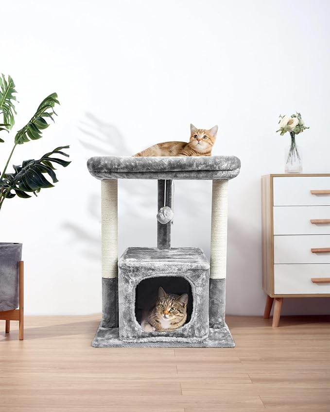 SYANDLVY Cat Tree for Indoor Cats Large Adult, Modern Activity Tower with Scratching Posts, Condo with Plush Perch, Climbing Stand with Spring Ball for Play, Grey