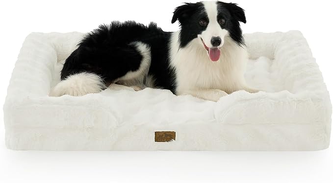 Faux Fur Orthopedic Dog Bed, XL Pet Couch for Large Dog, Big Supportive Foam Bolster Sofa with Waterproof Lining Cover, Anti-Slip, Soft, Warm, Washable, C-Shaped, 44x32x7 inch, Beige
