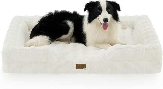 Faux Fur Orthopedic Dog Bed, XL Pet Couch for Large Dog, Big Supportive Foam Bolster Sofa with Waterproof Lining Cover, Anti-Slip, Soft, Warm, Washable, C-Shaped, 44x32x7 inch, Beige