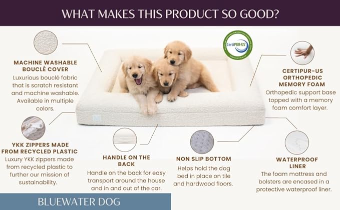 Luxury Boucle Orthopedic Memory Foam Dog Bed with Waterproof Liner and Machine Washable Cover with YKK Zippers (Small, 29" L x 23" W x 6" Th, Sand)