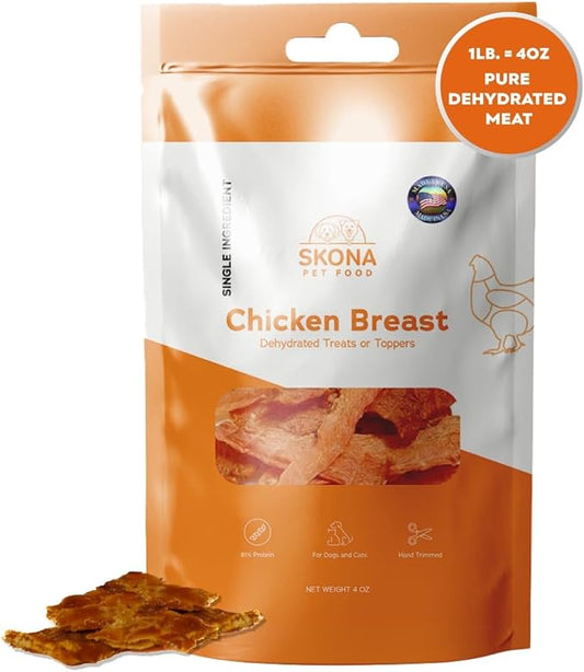 Skona PetFood Chicken Breast Jerky Dog Treats & Cat Jerky Treats, High Protein, Single-Ingredient Training Snacks, Vitamin-Rich, USA Made, Supports Heart, Eye & Dental Health, Healthy & Tasty, 4oz