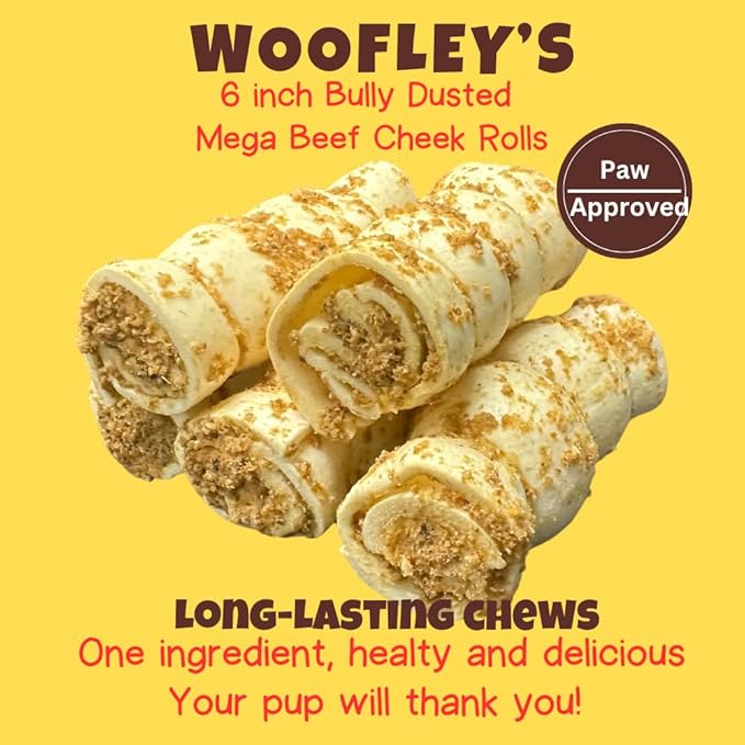 Woofley's 5-6" Bully Dusted Beef Cheek Roll - (20 Count)- Beef Cheek Rolls for Dogs - Long Lasting Natural Dog Chews