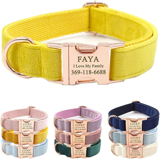 PETDURO Custom Dog Collar Personalized with Name Engraved Quick Release Rose Gold Metal Buckle for Large Medium Small Girl Dogs - Dog Leash and Bow Tie Available - Soft Comfy Velvet (Yellow, XS)