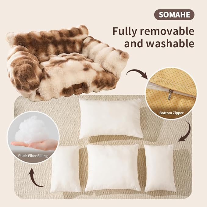 Cat Bed for Indoor Cats Dog Couch Cat Couch Bed Washable Dog Beds for Small Dogs & Cats with Removable Cover, Fluffy Pets Couch with Non-Slip Bottom 24"X18"X10"Blue