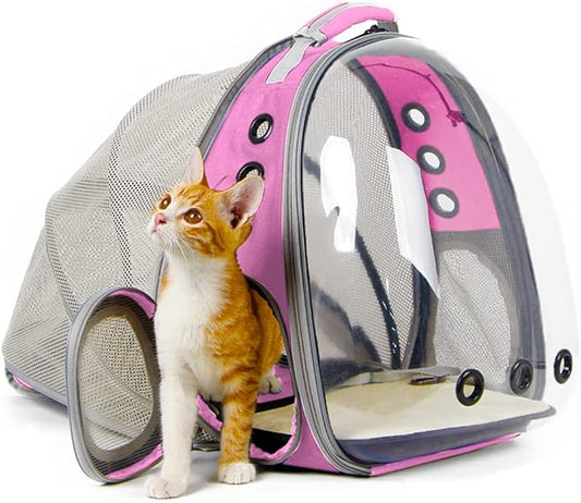 halinfer Expandable Pink Cat Backpack Carrier, Fit up to 12 lbs, Space Capsule Clear Bubble Window Pet Carrier Backpack for Kitten Bunny Rabbit and Small Puppy