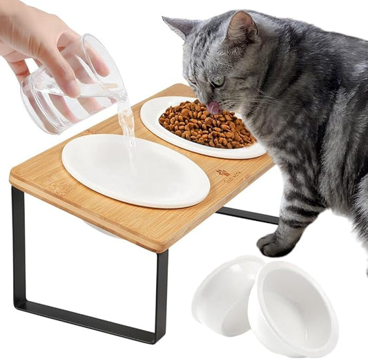 Sunhoo Elevated Cat Bowls for Indoor Cats Ceramic Kitty Dish Food Water Raised Tilted Puppy Feeding Sation with 4 Dishes Wooden Stand Pet Feeder Metal Legs Orthopedic Reduces Vomiting（Yellow）