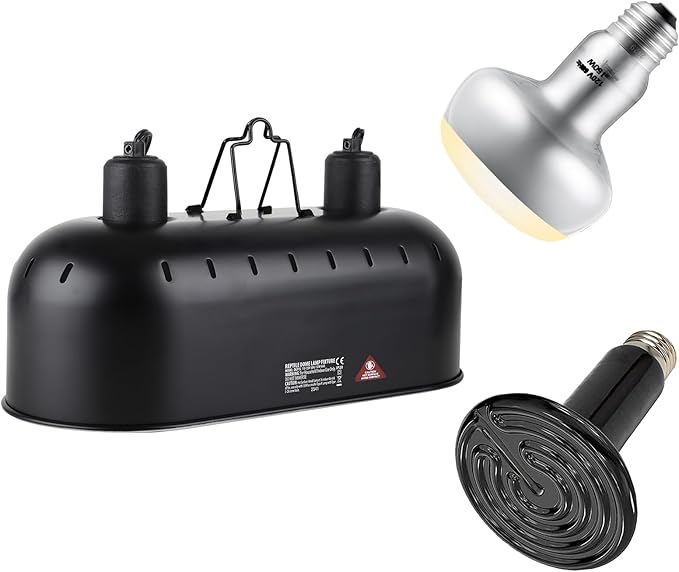 DXOPHIEX Dual Reptile Light Fixture,Reptile Heat Lamp Fixture with 150W Intense Basking Bulb&Ceramic Heat Emitter,Double Dome Heat Lamp for Lizard,Gecko,Bearded Dragon,Tortoise,Snake,Chameleon