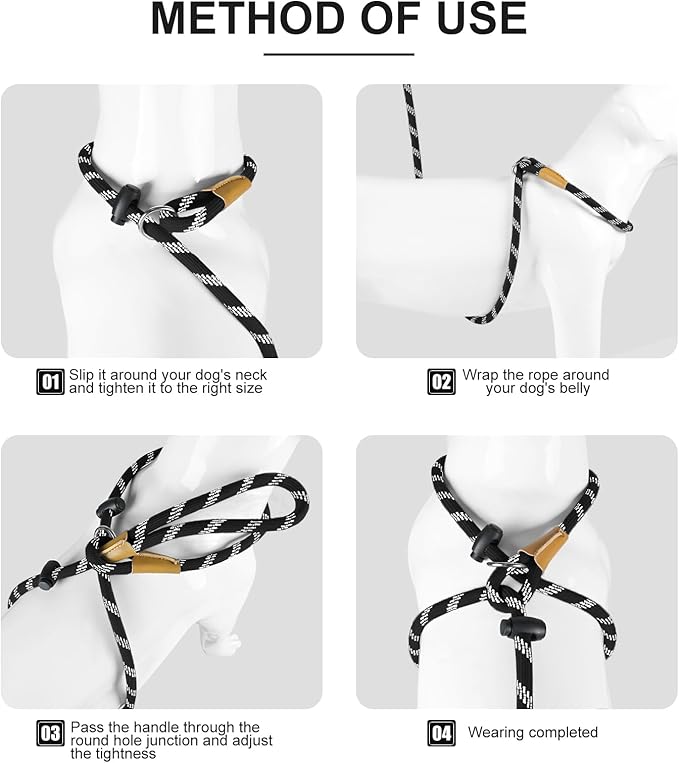Lynxking No Pull Rope Dog Harness No Pull Reflective Leash Harness Collar 3 in 1 Dog Halter Harnesses Adjustable for Large Giant Dog (Black, Extra Large(up to 80Ibs) 10ft*1/2")