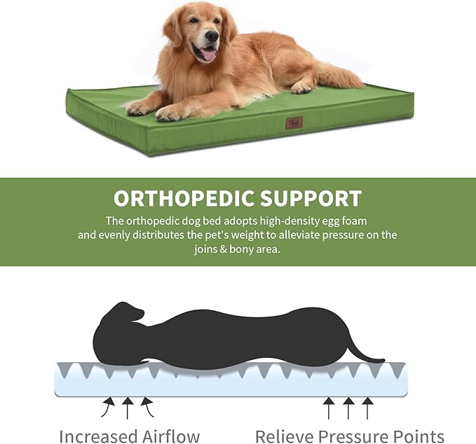 Outdoor Orthopedic Dog Bed for Extra Large Dogs, XL Waterproof Flat Pet Bed 44x32 Inch, Egg Crate Foam with Removable Washable Oxford Cooling Cover, Light Green