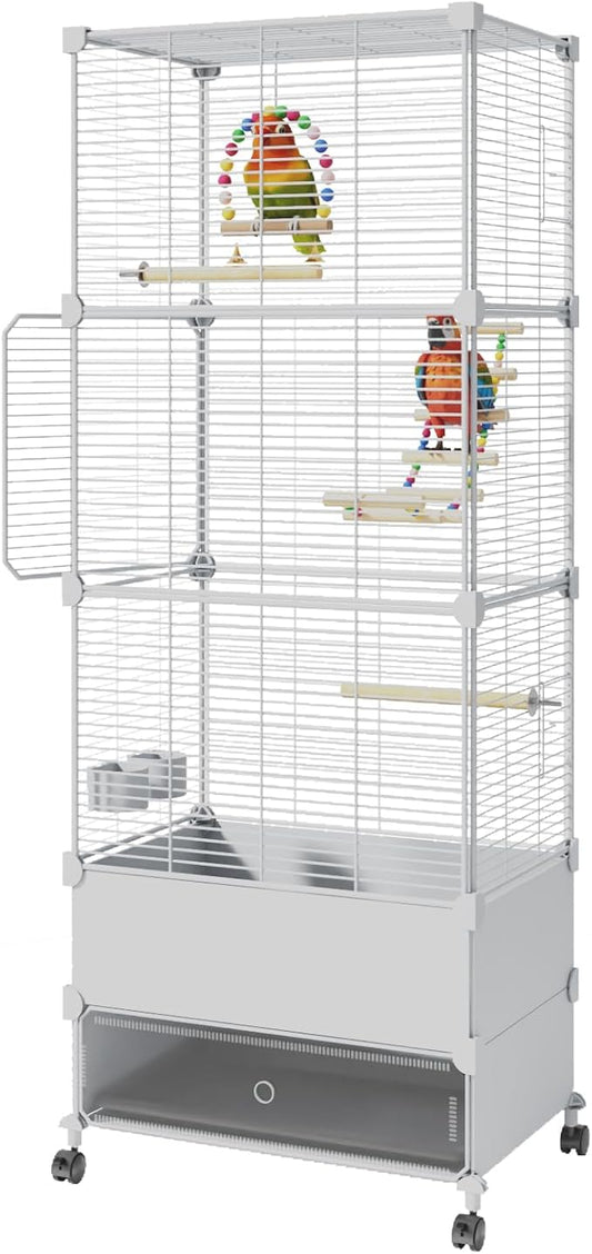 Bird Cage Parakeet Cage with Bird Toys & Slide-Out Tray, Wooden Perches, Rolling Stand, Swing & Bowls – Spacious Indoor Bird House for Parrot, Parakeets, Cockatiel, Lovebird and Small Mid-Sized Birds