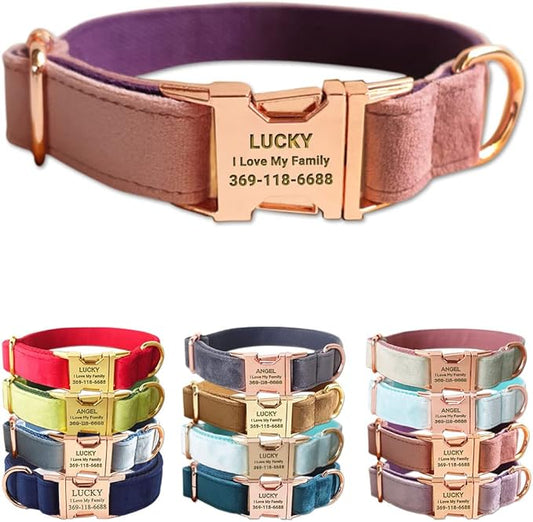 PETDURO Personalized Dog Collar Pink Purple Soft Velvet for Large Medium Small Boy Girl Dogs - Custom Collar with Name Phone Engraved on Rose Gold Metal Buckle - Add Leash Bow Set via Customize Now
