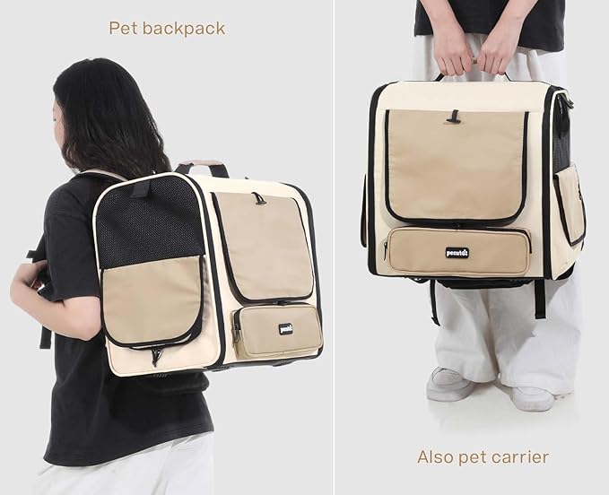 Pecute Cat Carrier Backpack Pet Carrier Backpack Widen Large Space, Stable Pet Backpack for Cat Small Dog, Ventilated Pet Backpack Miniature Dachshund Bag Suitable for Hiking, Camping, Khaki