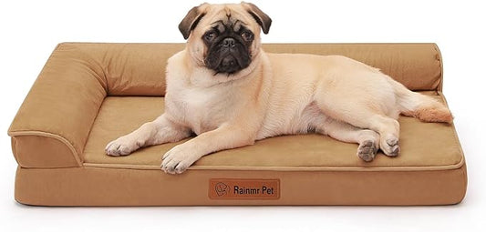 Orthopedic Dog Bed Medium Size Dog, Memory Foam Pet Bed for Medium Dogs, Removable and Washable Microsuede Cover, TPU Waterproof Liner, Nonskid Bottom, 35x23x6 Inches, Khaki