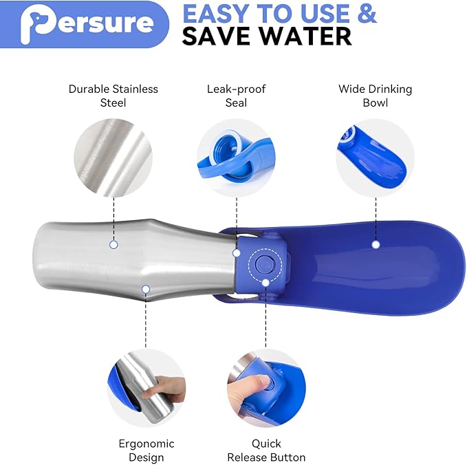27 OZ Dog Water Bottle Portable Stainless Steel Convenient Pet Water Dispenser, Leak Proof Puppy Travel Water Bowl for Dog Outdoor Walking, Hiking, Perfect Size for All Dog Breeds, Blue