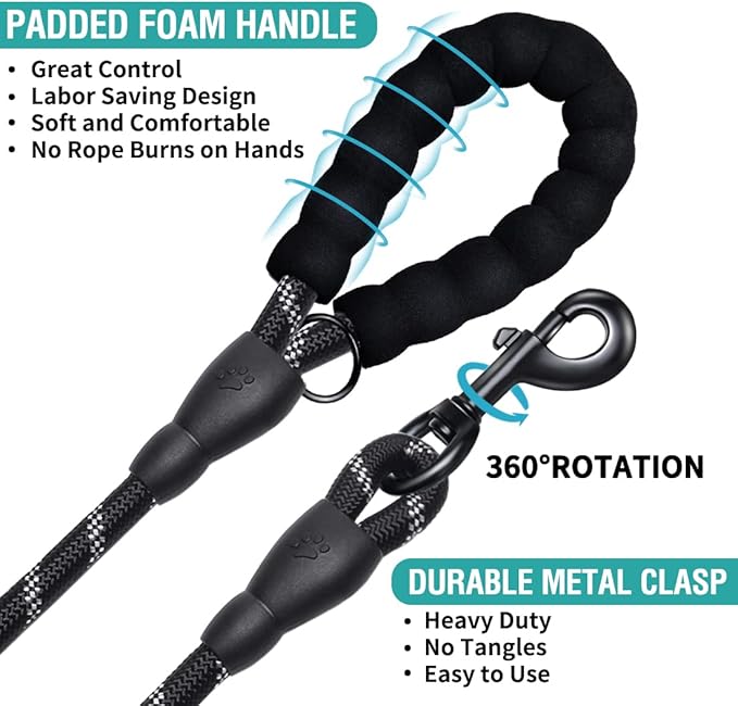 COOYOO 2 Pack Dog Leash 4 FT Heavy Duty - Comfortable Padded Handle - Reflective Dog Leash for Medium Large Dogs with Collapsible Pet Bowl