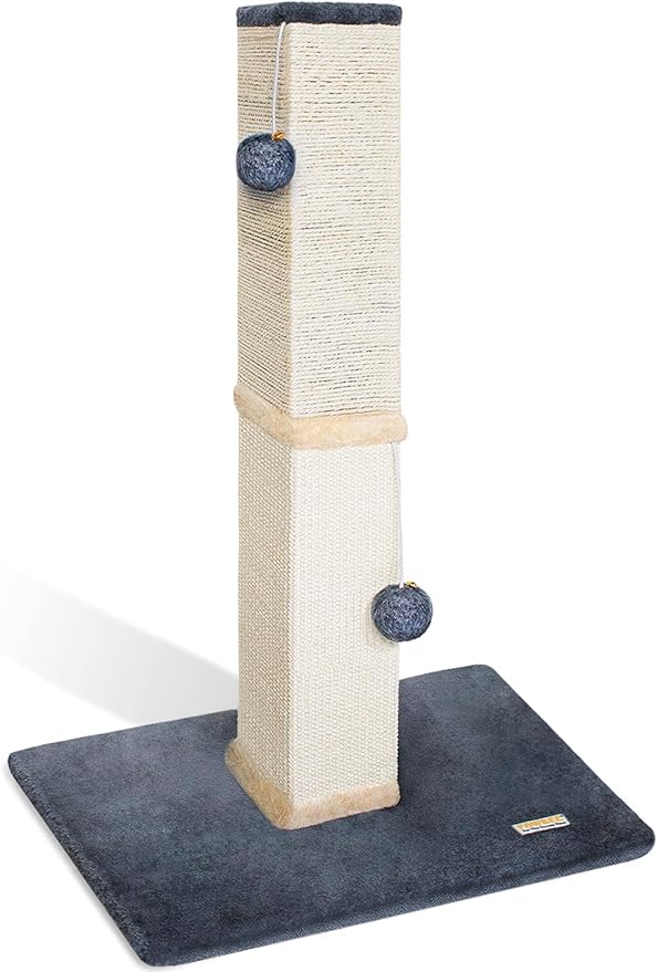 PAWBEE Cat Scratch Post Tower - 32” Tall Cat Scratching Post with Jingle Bells and Plush Balls - Sisal Cat Scratcher with Larger Base for Better Stability - Cat Scratching Posts for Indoor Cats